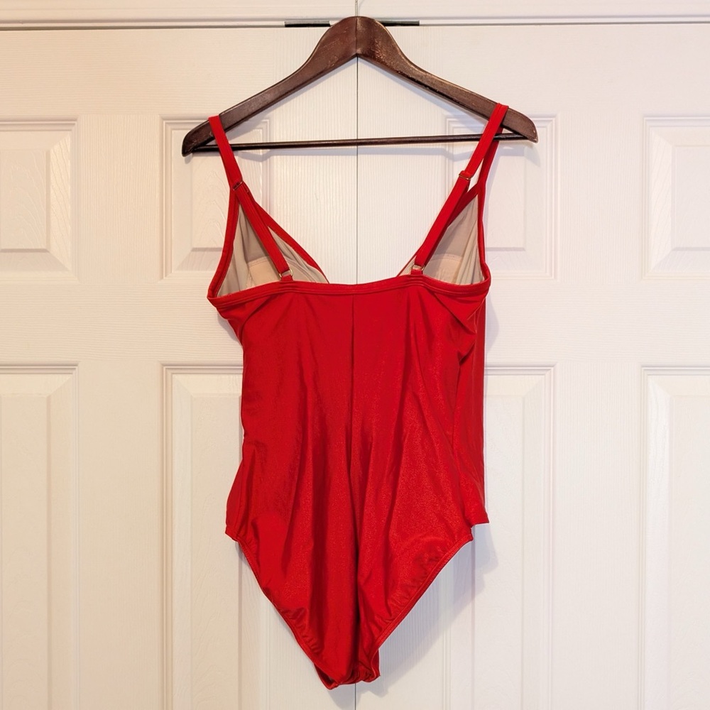 Real Y2K Vintage Simon Chang Wrap Red One Piece Swimsuit w Gold Detail Size 14 - Picture 2 of 16